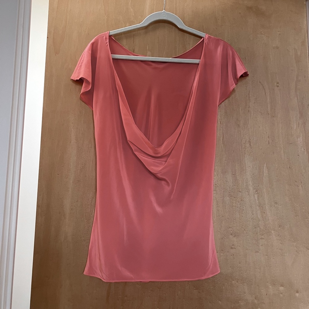 Club Monaco Pink Coral Silk Draped Back Flutter Top with Cap Sleeves, Size Small
